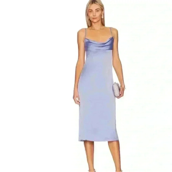 We Wore What Cowl Midi Satin Charmeuse Dress in Slate Blue, Size 4. NWT! - Picture 1 of 15